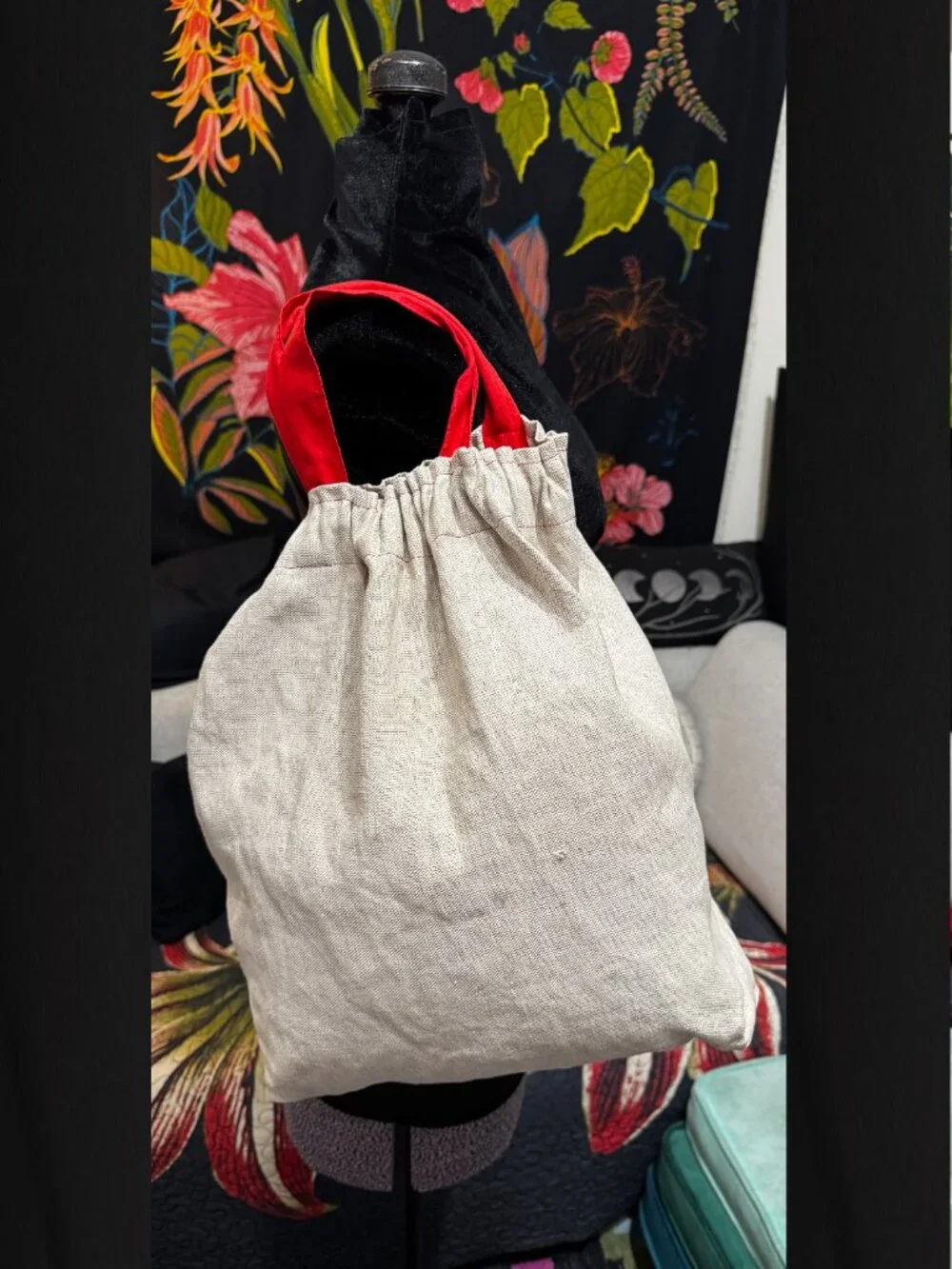 Double Handle Pouch Bag with Wood Block Aglet Drawcord, Natural Canvas